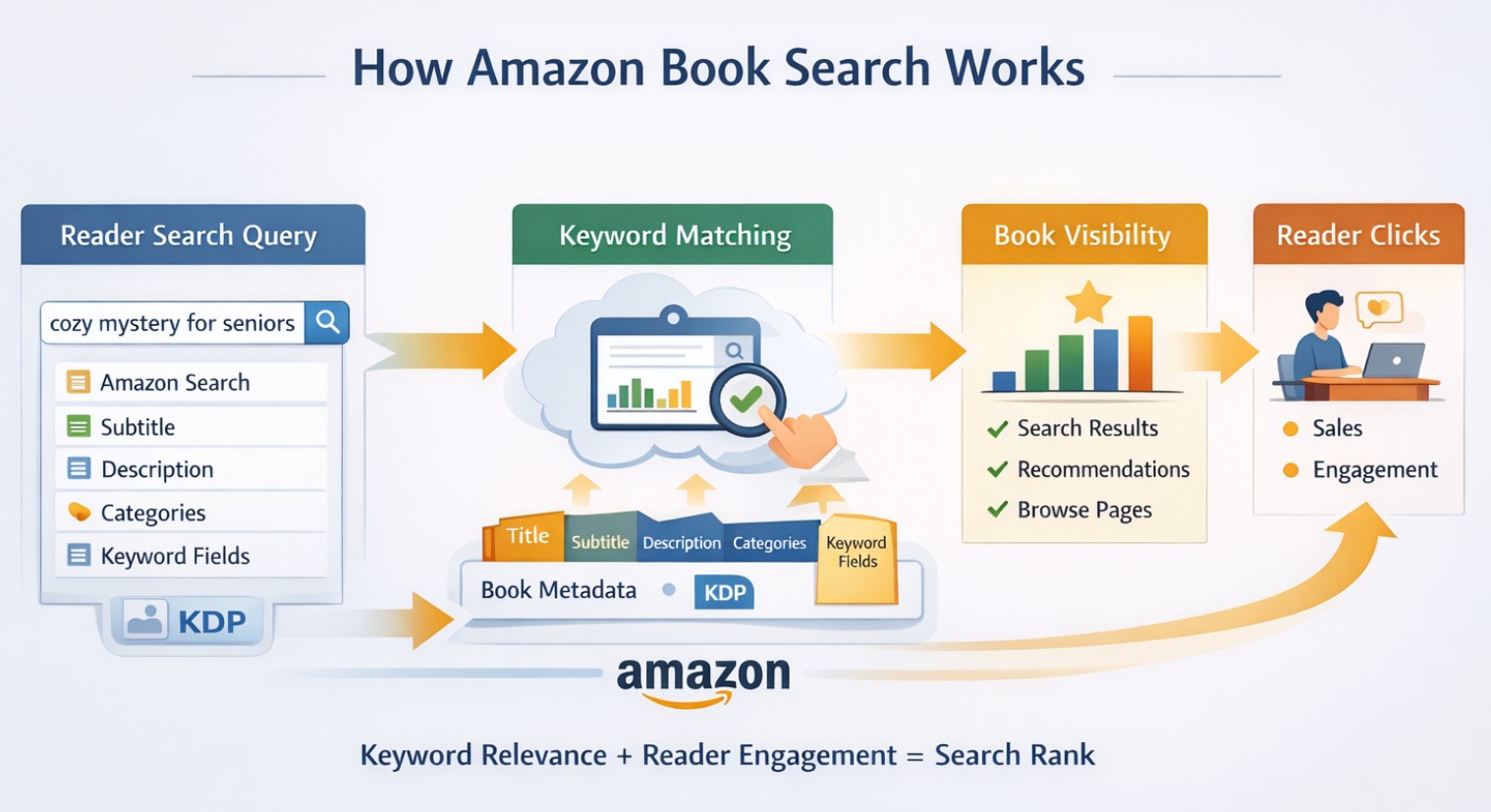 Amazon book search system showing reader search query, keyword matching, book visibility, and reader clicks