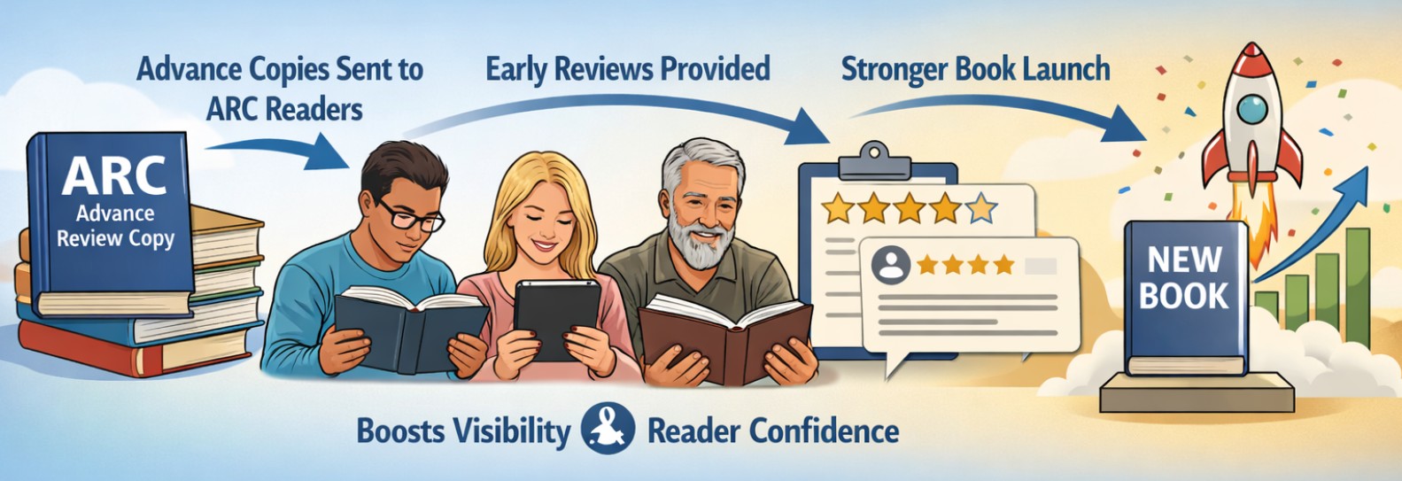ARC readers process showing advance review copies leading to early reviews and stronger book launch