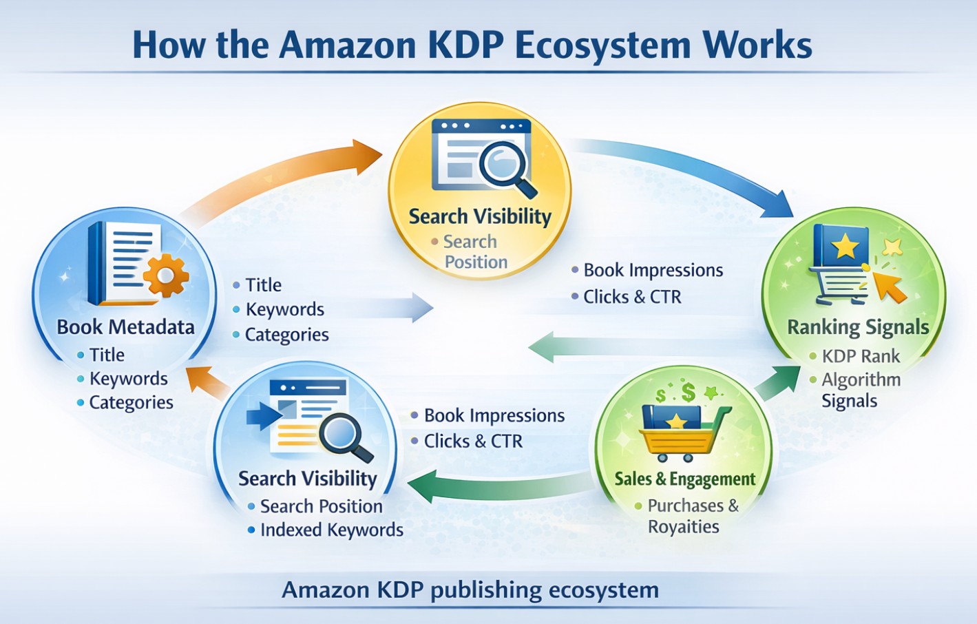 Amazon KDP ecosystem showing book metadata, search visibility, reader clicks, sales, and ranking signals