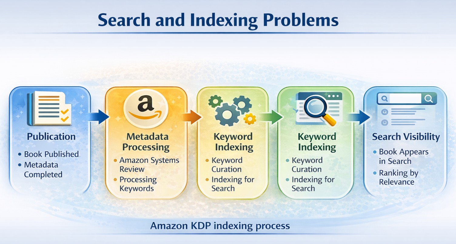 Amazon KDP indexing process showing publication, metadata processing, keyword indexing, and search visibility