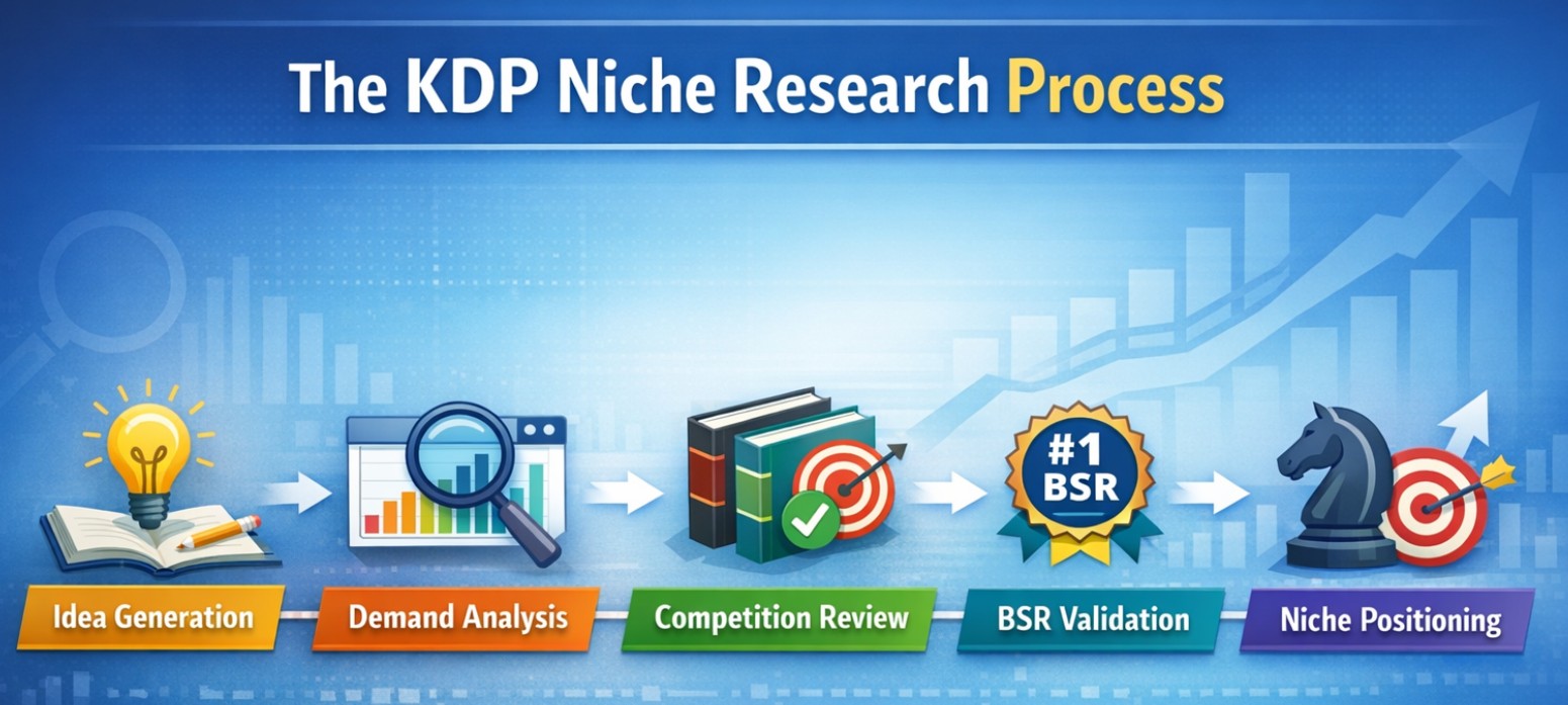 KDP niche research process showing idea generation, demand analysis, competition review, BSR validation, and niche positioning