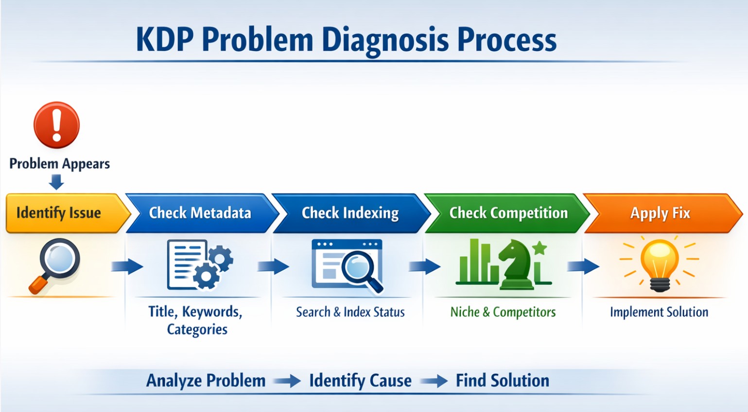 KDP problem diagnosis process showing symptom identification, metadata review, indexing check, competition review, and solution