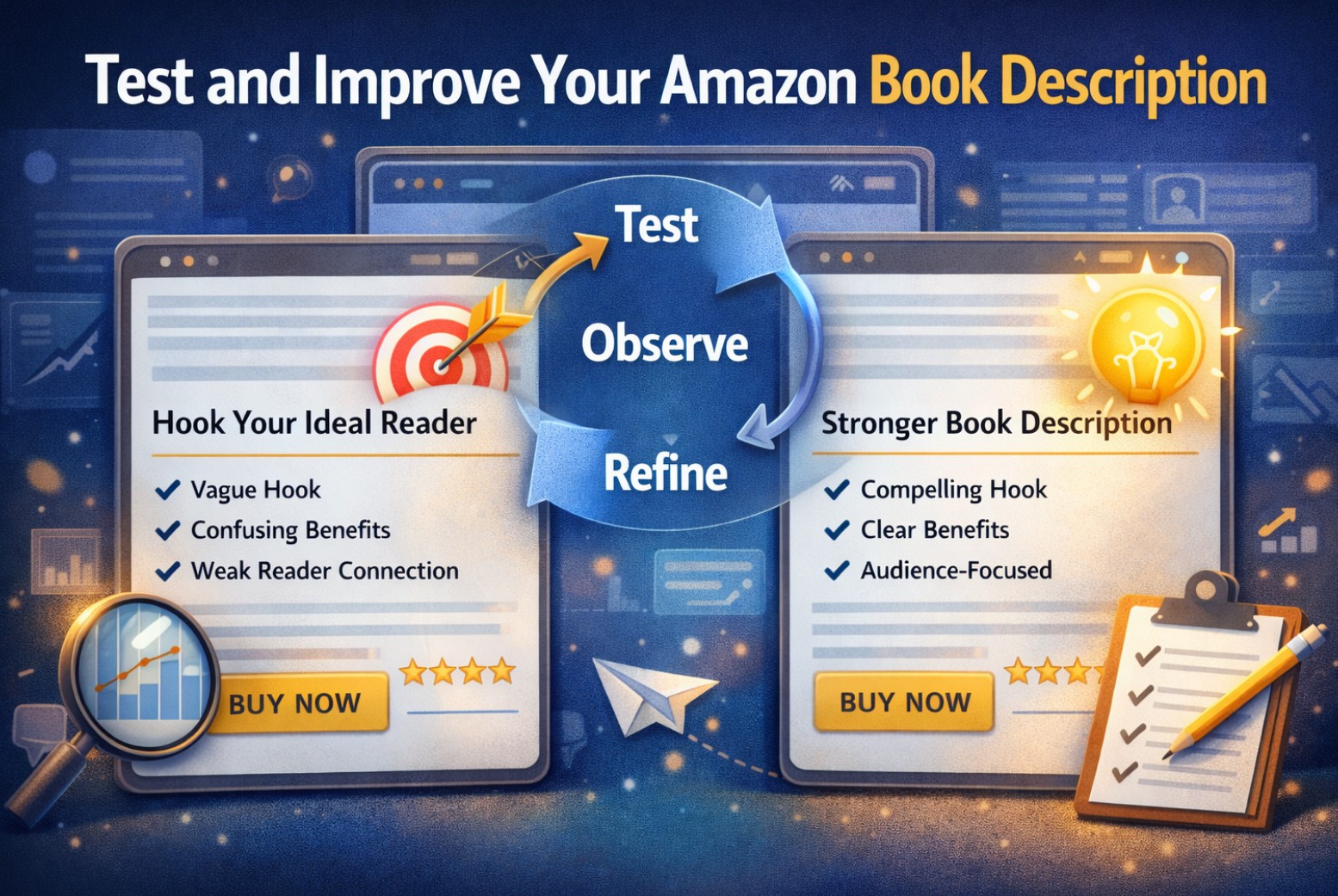 Testing and improving an Amazon book description by adjusting hook, benefits, and audience positioning